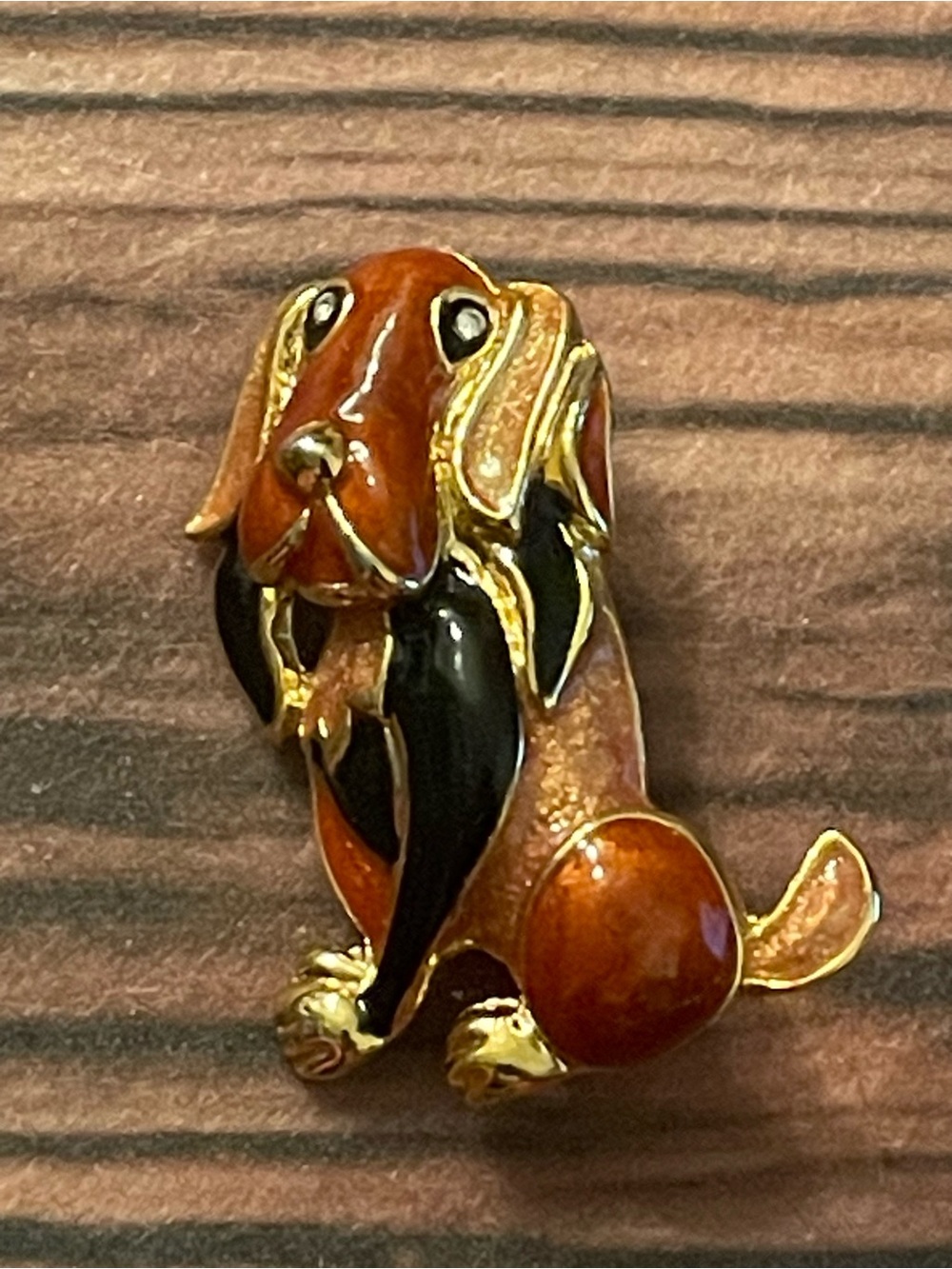 Enamel Dachshund Dog Brooch in Brown and Black